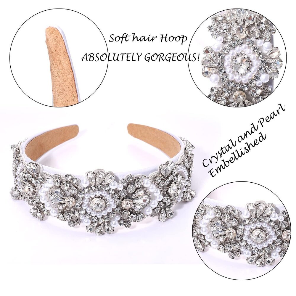 5455 Crystal Headbands Hairbands Rhinestone Embellished Headbands Pearl - Picture 3 of 5